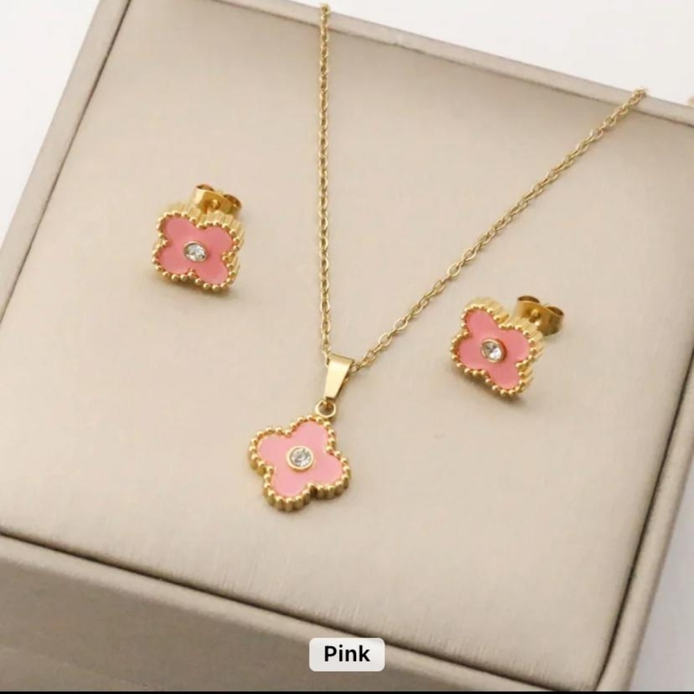 Gold and Pink Flower Jewelry Set